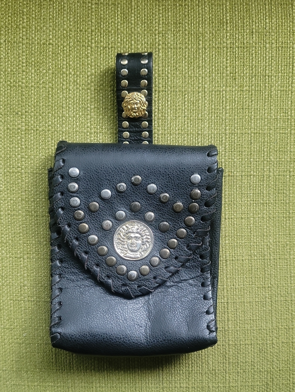 Leatherock Black Leather Studded Belt Pouch with Gold Medallion